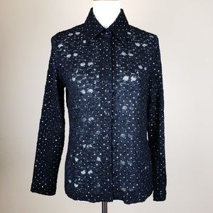 Exclusively Misook Rainbow Sequin Lace Button Down